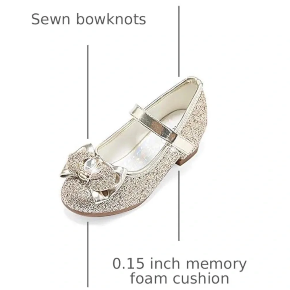 Stelle Girls' Mary Jane Hook & Loop Dress Shoes Gold Glitter Bow Gem Low Heel